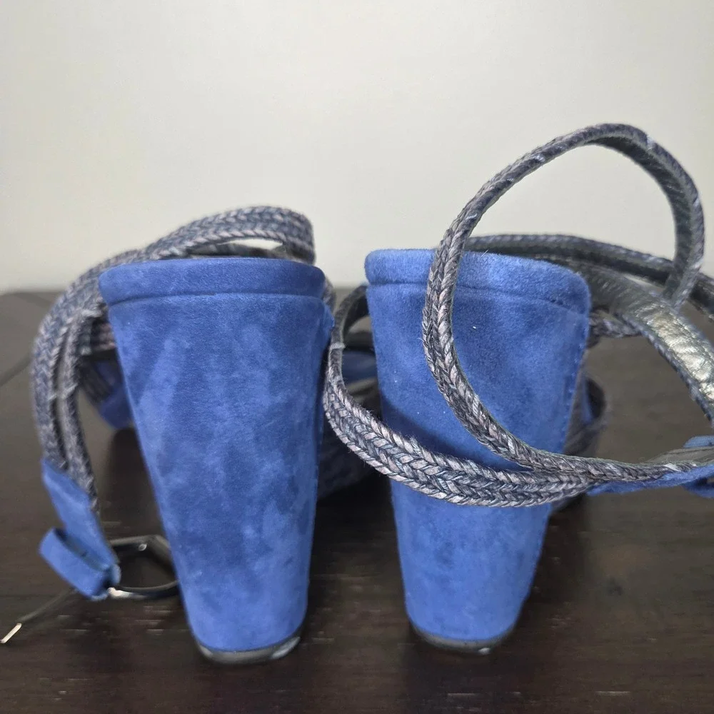 Stuart Weitzman Blue Suede Platform Wedge Sandals Strappy Women's Size 8 - Picture 5 of 10